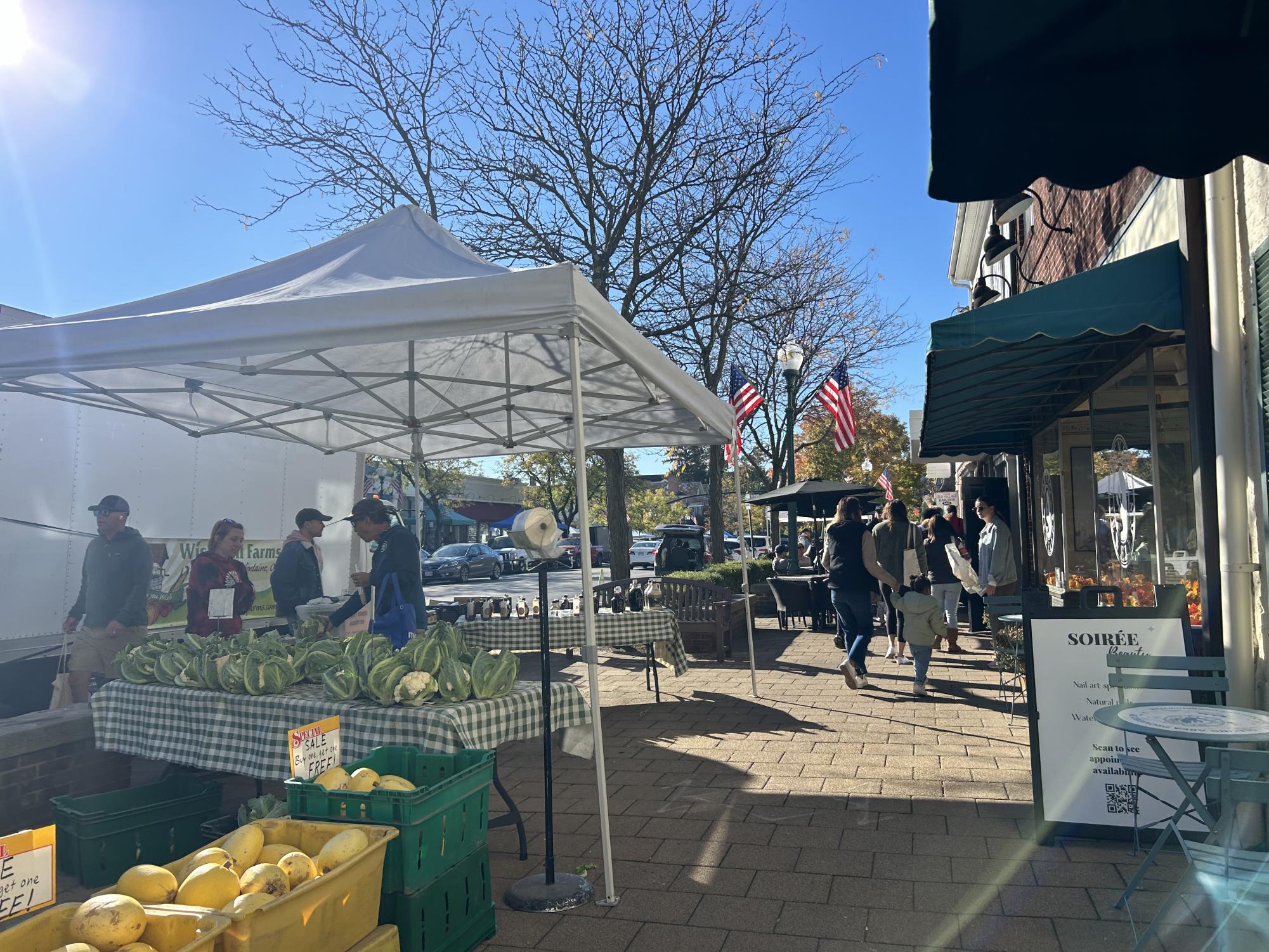 A busy Worthington street is pictured at the Farmer's Market. Vendors interact with customers on a sunny Saturday.