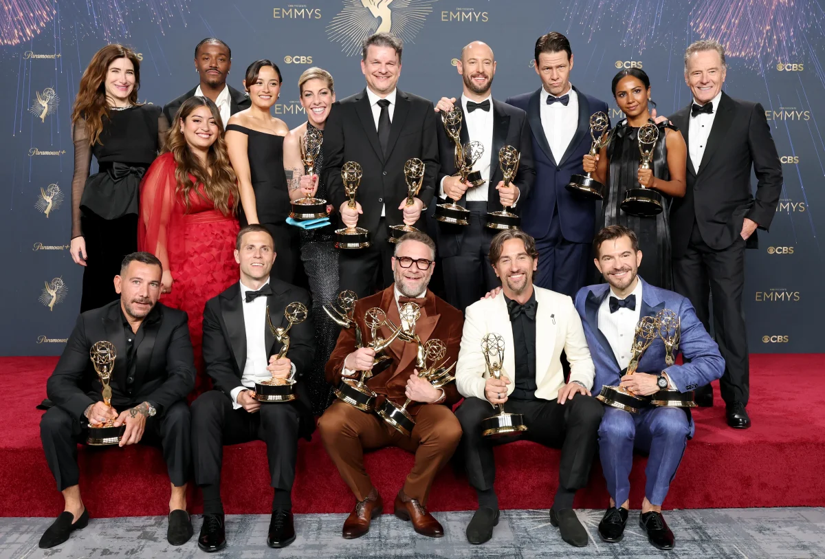 The Studio cast celebrating breaking the record of most Emmys ever won in it's first season. 