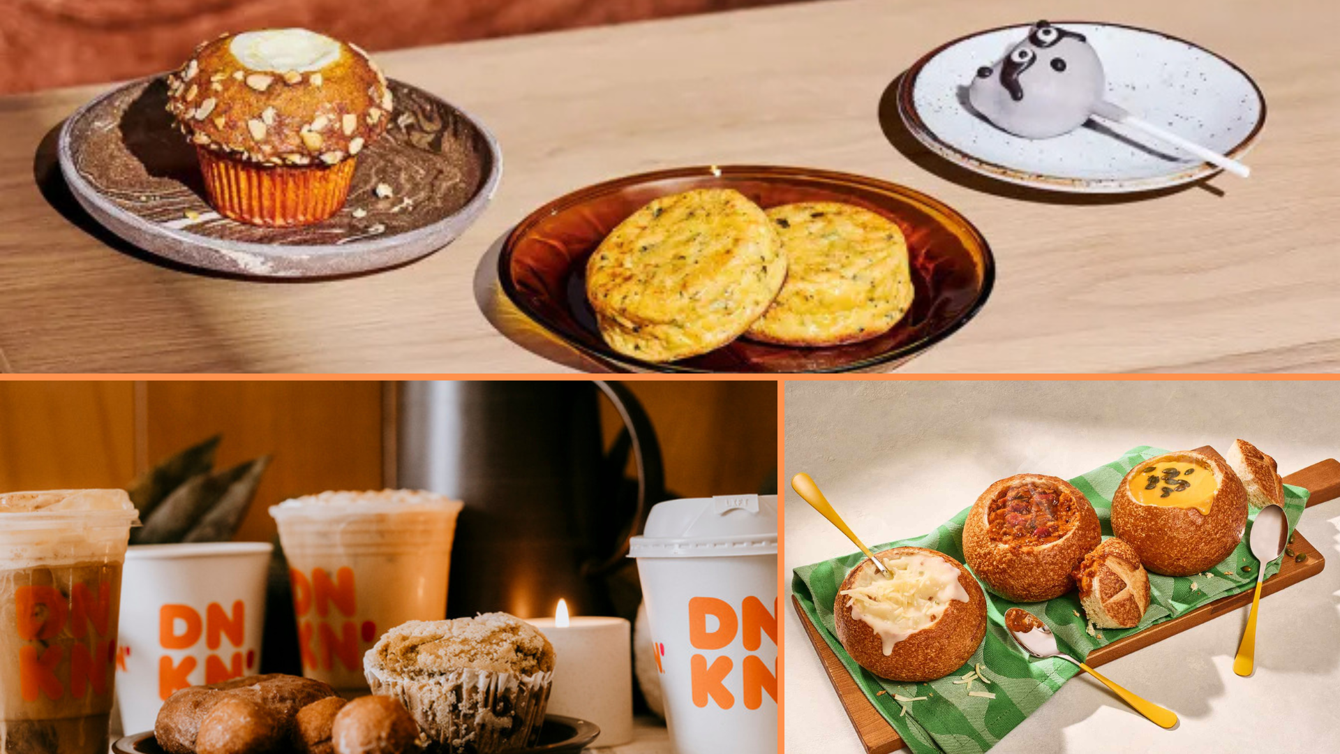 Some seasonal items from Panera, Starbucks, and Dunkin's fall menus.