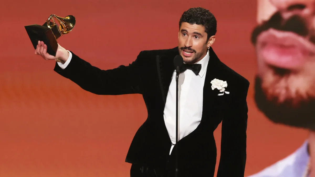 Bad Bunny receiving his Grammy for album of the year 2026. 